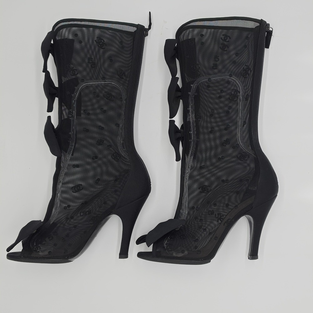 Chanel Black Mesh CC Logo Bow Peep Toe Mid Calf Stiletto Boots 36.5 C Italy - Picture 3 of 10